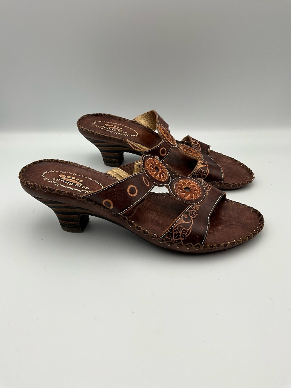 Spring Step Sandals Size 7 (37) Brown Leather Decorative Cutout Slide Mules